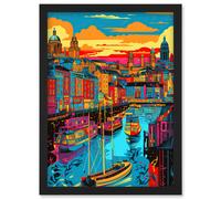 Vibrant Liverpool City Waterfront Sunset Cityscape Artwork Framed Wall Art Print A4 Artery8 Black One Size