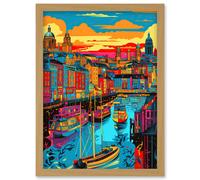Vibrant Liverpool City Waterfront Sunset Cityscape Artwork Framed Wall Art Print A4 Artery8 Light Oak One Size