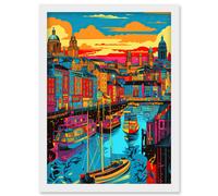 Vibrant Liverpool City Waterfront Sunset Cityscape Artwork Framed Wall Art Print A4 Artery8 White One Size