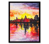 Artery8 Vibrant Liverpool City Waterfront Sunset Painting Framed Wall Art | Size: A4 Artery8 Multicolor A4