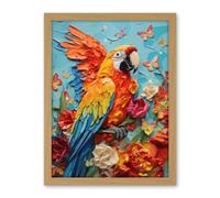 Artery8 Vibrant Macaw Parrot Heavy Oil Paint with Butterflies and Flowers High Texture Artwork Framed Wall Art Print 18X24 Inch