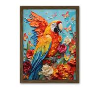 Artery8 Vibrant Macaw Parrot Heavy Oil Paint with Butterflies and Flowers High Texture Artwork Framed Wall Art Print 18X24 Inch