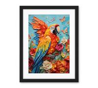 Artery8 Vibrant Macaw Parrot Heavy Oil Paint with Butterflies and Flowers High Texture Artwork Framed Wall Art Print 18X24 Inch