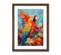 Artery8 Vibrant Macaw Parrot Heavy Oil Paint with Butterflies and Flowers High Texture Artwork Framed Wall Art Print 18X24 Inch