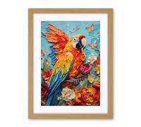 Artery8 Vibrant Macaw Parrot Heavy Oil Paint with Butterflies and Flowers High Texture Artwork Framed Wall Art Print 18X24 Inch
