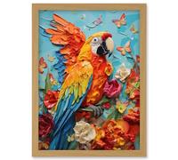Wall Art Print Vibrant Macaw Parrot Heavy Oil Paint with Butterflies and Flowers High Texture Artwork Framed A4 Artery8 Light Oak A4