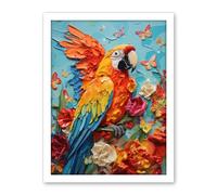 Artery8 Vibrant Macaw Parrot Heavy Oil Paint with Butterflies and Flowers High Texture Artwork Framed Wall Art Print 18X24 Inch