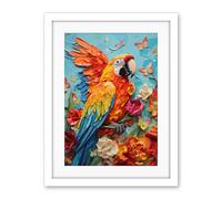 Artery8 Vibrant Macaw Parrot Heavy Oil Paint with Butterflies and Flowers High Texture Artwork Framed Wall Art Print 18X24 Inch