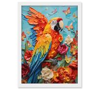 Artery8 Vibrant Macaw Parrot Heavy Oil Paint with Butterflies and Flowers High Texture Artwork Framed A3 Wall Art Print