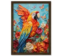 Artery8 Vibrant Macaw Parrot Heavy Oil Paint with Butterflies and Flowers High Texture Artwork Framed A3 Wall Art Print