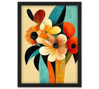 Artery8 Vibrant Modern Abstract Oil Painting Summer Flower Bouquet Teal Orange Artwork Framed Wall Art Print A4 in Black Artery8 Black