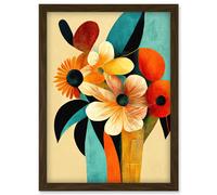 Artery8 Vibrant Modern Abstract Oil Painting Summer Flower Bouquet Teal Orange Artwork Framed Wall Art Print A4 in Brown Artery8 Brown