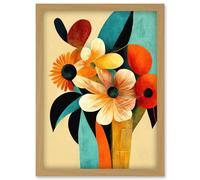 Artery8 Vibrant Modern Abstract Oil Painting Summer Flower Bouquet Teal Orange Artwork Framed Wall Art Print A4 in Light Oak Artery8 Light Oak