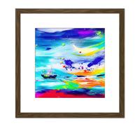 Artery8 Vibrant Rainbow Boat Painting Ocean Storm Bold Colourful Square Wooden Framed Wall Art Print Picture 8X8 Inch in Brown Artery8 Brown