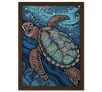 Artery8 Vibrant Sea Turtle Swimming Under the Surface Artwork Framed A3 Wall Art Print