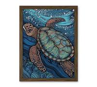 Artery8 Vibrant Sea Turtle Swimming Under the Surface Artwork Framed Wall Art Print 18X24 Inch