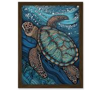 Vibrant Sea Turtle Swimming Under the Surface Artwork Framed Wall Art Print A4 Artery8 Brown One Size