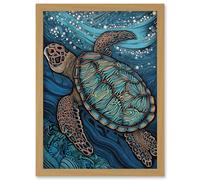Artery8 Vibrant Sea Turtle Swimming Under the Surface Artwork Framed Wall Art Print A4 in Light Oak Artery8 Light Oak