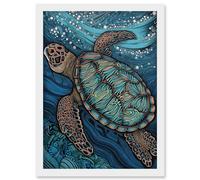 Vibrant Sea Turtle Swimming Under the Surface Artwork Framed Wall Art Print A4 Artery8 White One Size