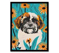 Artery8 Vibrant Shih Tzu Daisy Portrait Dog Lover Floral Living Room Artwork Framed Wall Art Print A4