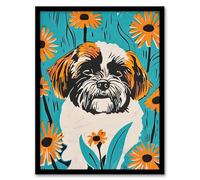 Artery8 Vibrant Shih Tzu Daisy Portrait Dog Lover Floral Living Room Artwork Framed Wall Art Print 18X24 Inch