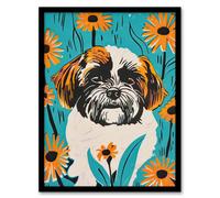 Artery8 Vibrant Shih Tzu Daisy Portrait Dog Lover Floral Wall Art Print - A4 Size