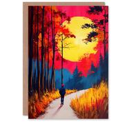 Artery8 Greeting Card Vibrant Sunset Sky Autumn Forest Walk Path Hike Blank For Him Or Her Art Birthday Card