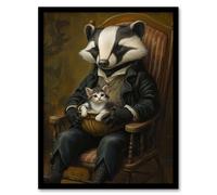 Artery8 Victorian Animals Fantasy Badger with a Kitten Nursery Kids Bedroom Artwork Framed Wall Art Print A4
