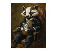 Victorian Animals Fantasy Badger with a Kitten Wall Art Print Artery8 Brown W24 inch x H32 inch