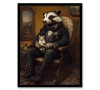 Victorian Badger with Kitten on Rocking Chair Framed Art Print Artery8 Brown A4