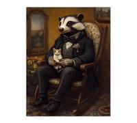 Victorian Badger with Kitten on Rocking Chair Wall Art Print Artery8 Brown W24 inch x H32 inch