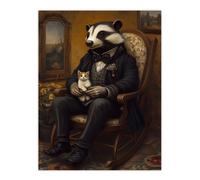 Victorian Badger with Kitten on Rocking Chair Wall Art Print Artery8 Brown W24 inch x H32 inch