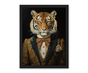 Artery8 Victorian Tiger in William Morris Style Pattern Dinner Jacket Conceptual Portrait Artwork Elegant Floral Pattern Bow Tie and Boutonnière Artwork Framed Wall Art Print 18X24 Inch