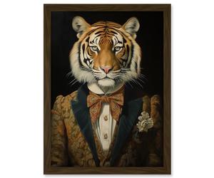 Artery8 Victorian Tiger in William Morris Style Pattern Dinner Jacket Conceptual Portrait Artwork Elegant Floral Pattern Bow Tie and Boutonnière Artwork Framed A3 Wall Art Print