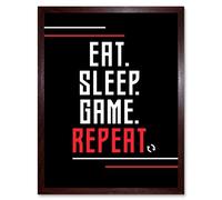 Artery8 Video Game Quote Eat Sleep Game Repeat Stripes Art Print Framed Poster Wall Decor 12x16 inch