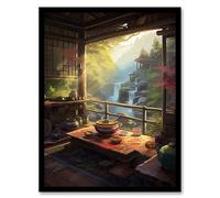 Artery8 View From Tea House Patio Painting Traditional Ceremony Japanese Hospitality Serene Waterfall Landscape Artwork Framed Wall Art Print A4