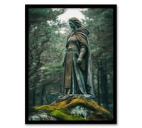 Viking Shield Maiden Warrior Statue in Forest Framed Art Print Artery8 Green A4