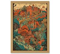 Artery8 Village in Forest Coral and Teal Blue Illustration Artwork Framed A3 Wall Art Print