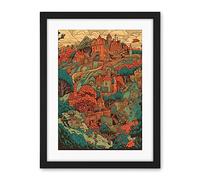 Artery8 Village in Forest Coral and Teal Blue Illustration Artwork Framed Wall Art Print 18X24 Inch