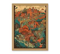 Artery8 Village in Forest Coral and Teal Blue Illustration Artwork Framed Wall Art Print 18X24 Inch