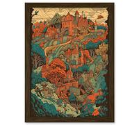 Artery8 Village in Forest Coral and Teal Blue Illustration Artwork Framed Wall Art Print A4