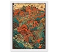 Artery8 Village in Forest Coral and Teal Blue Illustration Artwork Framed Wall Art Print A4