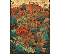 Artery8 Village in Forest Coral and Teal Blue Illustration Extra Large XL Wall Art Poster Print