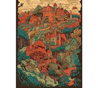 Artery8 Village in Forest Coral and Teal Blue Illustration Large Wall Art Poster Print Thick Paper 18X24 Inch