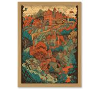 Artery8 Village in Forest Coral and Teal Blue Illustration Artwork Framed Wall Art Print A4