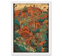 Artery8 Village in Forest Coral and Teal Blue Illustration Artwork Framed Wall Art Print A4
