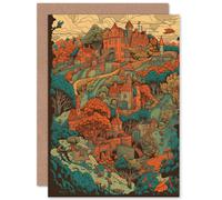 Artery8 Village in Forest Coral & Teal Blue Travel Birthday Card Artery8 Multicolor