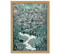 Artery8 Village Near River Forest Landscape Blue Linocut Artwork Framed A3 Wall Art Print