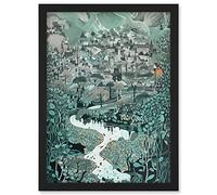 Artery8 Village Near River Forest Landscape Blue Linocut Artwork Framed A3 Wall Art Print