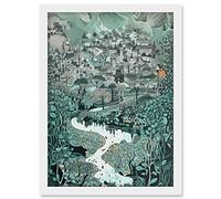 Artery8 Village Near River Forest Landscape Blue Linocut Artwork Framed A3 Wall Art Print